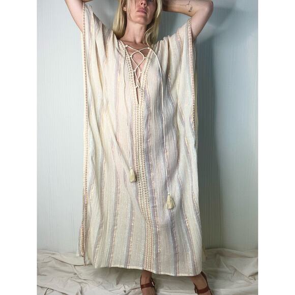 Z&L Golden Slumbers Metallic Stripe Cotton Kaftan Dress NWT US MEDIUM/LARGE - Picture 6 of 16